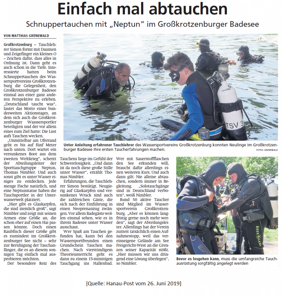 Deutschland taucht was: Die Sporttauchergruppe Neptun des WSV 1926 Großkrotzenburg und die VDST-Familie gehen mit Schnuppertauchern unter Wasser